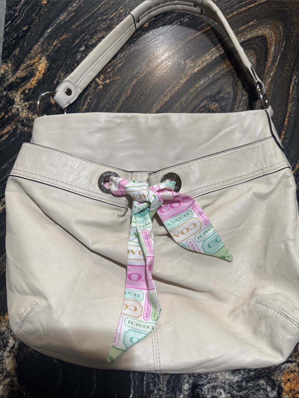 Coach Cream Leather Shoulder Bag with Pastel Logo Scarf